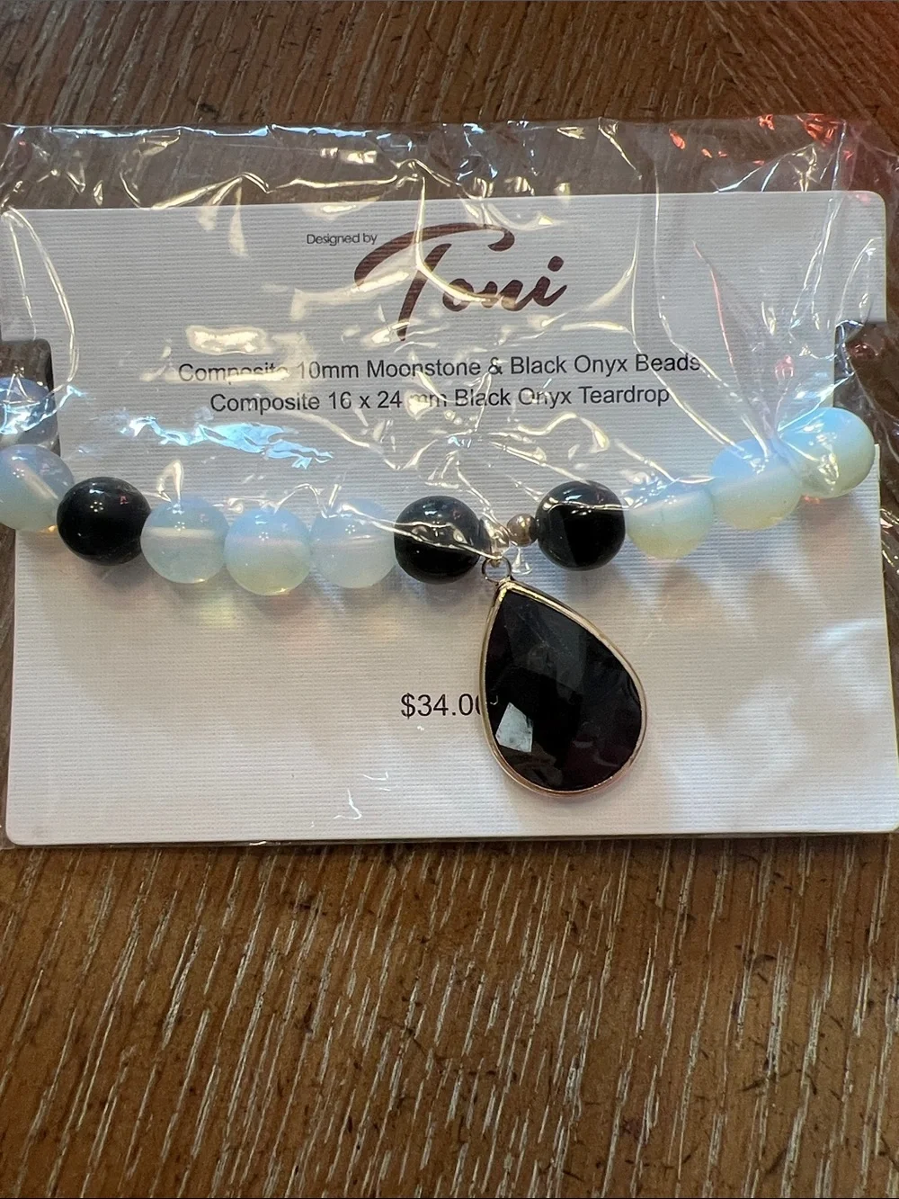 Toni Black Onyx & Moonstone Teardrop stretchy bracelet